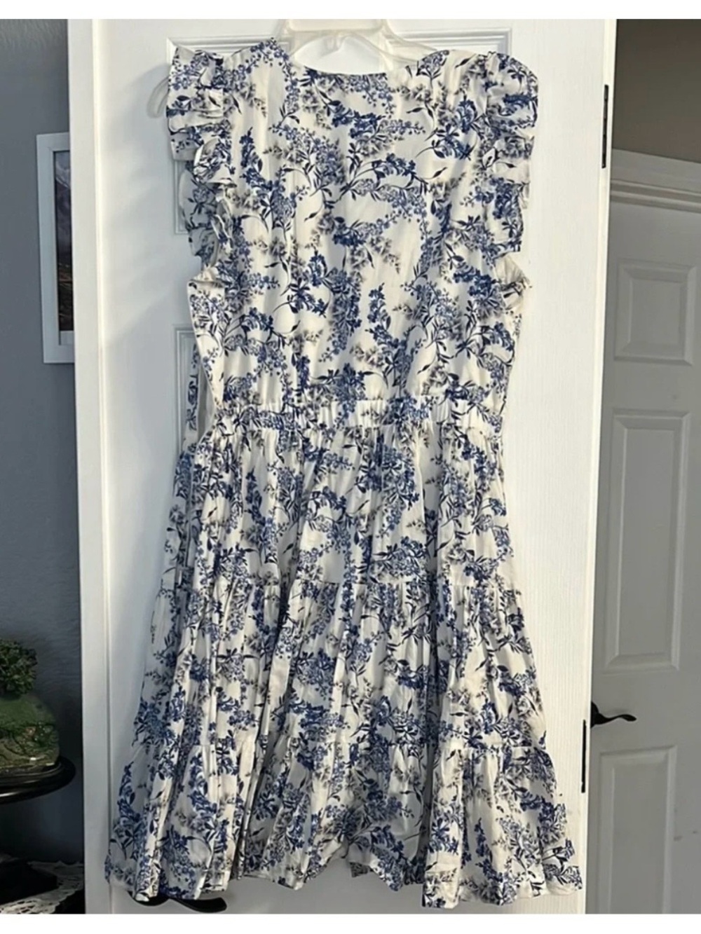 Taylor White and Blue Floral Mini Dress with Ruffle Sleeves - Picture 7 of 8
